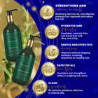 Baby Hair Rosemary Lux Shampoo and Conditioner benefits graphic — two green bottles with gold pumps on a navy and gold background with icons and text: strengthens & reduces hair fall, hydrates & detangles, gentle & effective cleansing, safe for all hair types, and clean ingredients (no sulfates, parabens, silicones, mineral oils).
