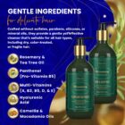 Baby Hair Rosemary Lux Shampoo and Conditioner promotional graphic — two green bottles with gold pumps on a navy and gold background, highlighting gentle ingredients: Rosemary & Tea Tree Oil, Panthenol (Pro-Vitamin B5), Multi-Vitamins (A, B3, B5, D, E), Hyaluronic Acid, and Camellia & Macadamia Oils.